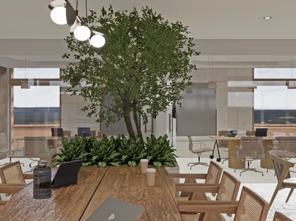 Zona de trabajo compartido del complejo de San Fernando, con mesas y sala de reuniones (render)
