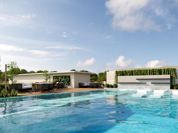 Pool Club of the San Fernando complex, with a pool and in-water loungers (render)