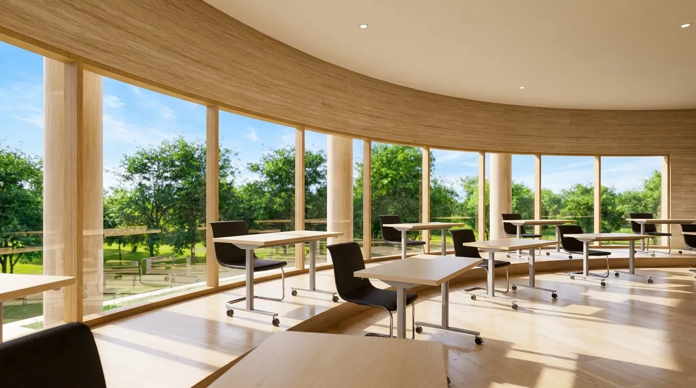 Aula del complejo, con mesas de trabajo y ventanales al jardin