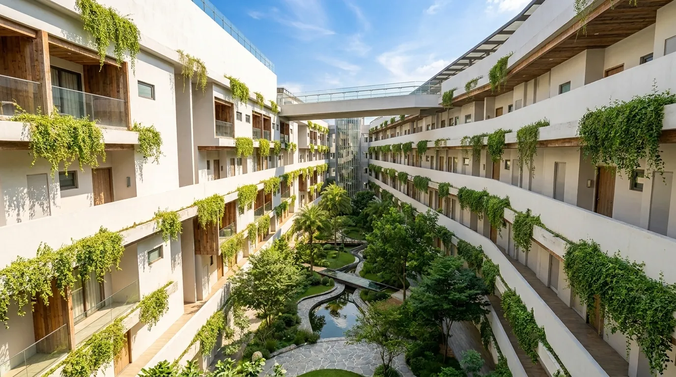 Atrio ajardinado del edificio de El Nido, con vegetacion en varias alturas