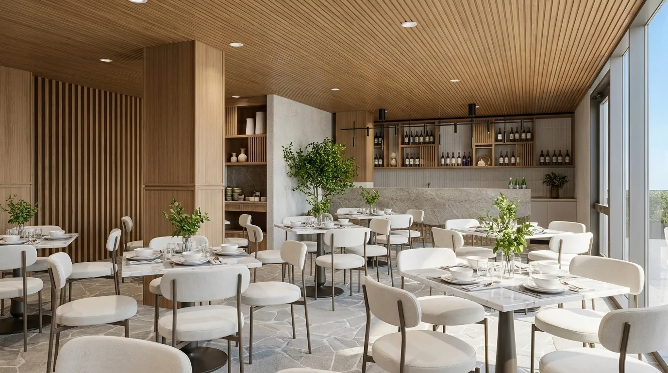 Restaurante del complejo, con mesas puestas y vegetacion interior