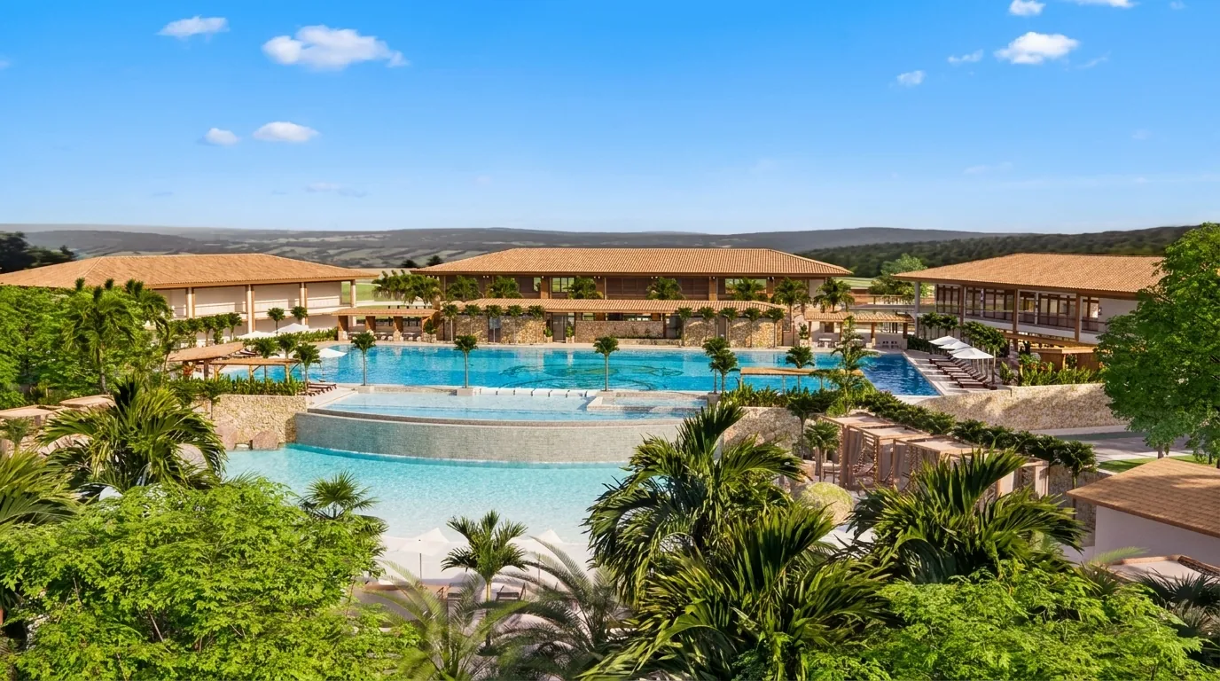 Vista aerea del complejo de San Fernando con su club y la piscina