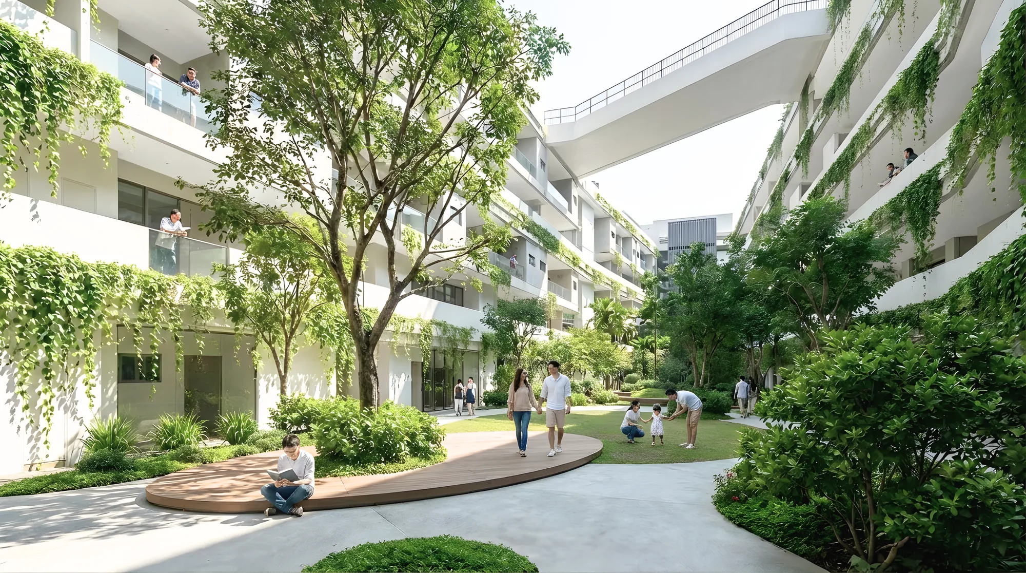 Jardín interior del complejo de El Nido con zonas de estar entre la vegetación (render)