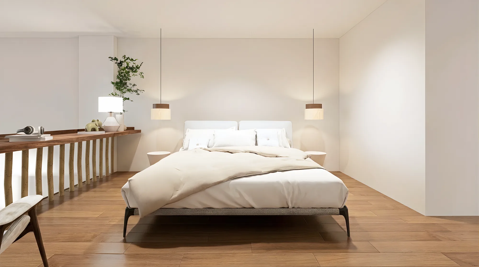 Dormitorio de una unidad de El Nido con suelo de madera (render)