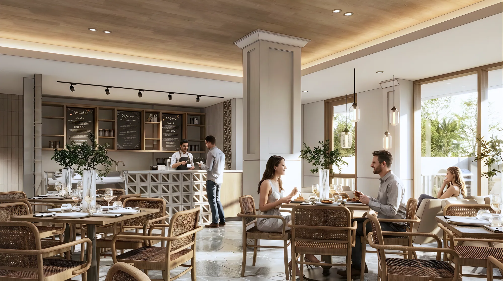 Cafetería del complejo de El Nido con mesas de madera (render)