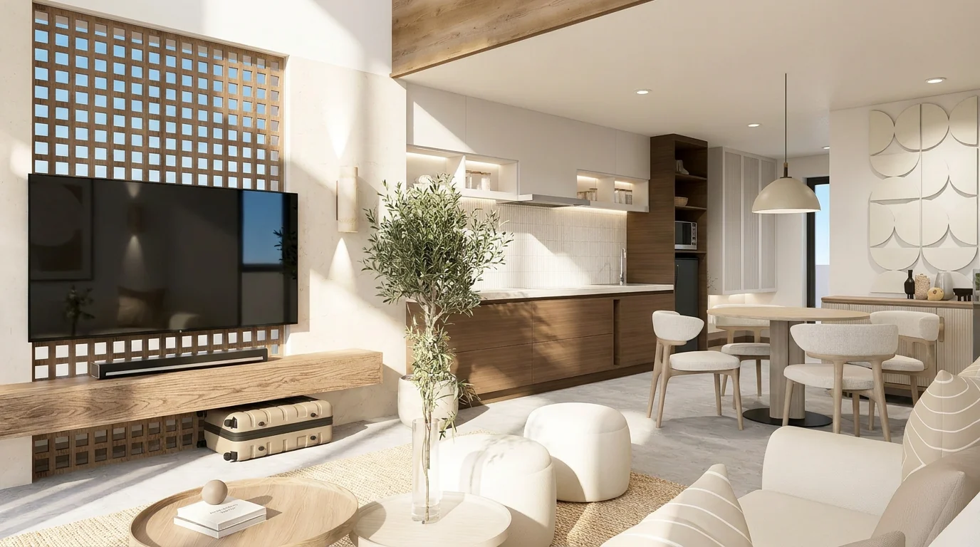 Living room of an El Nido duplex with open kitchen and dining area, Palawan (render)