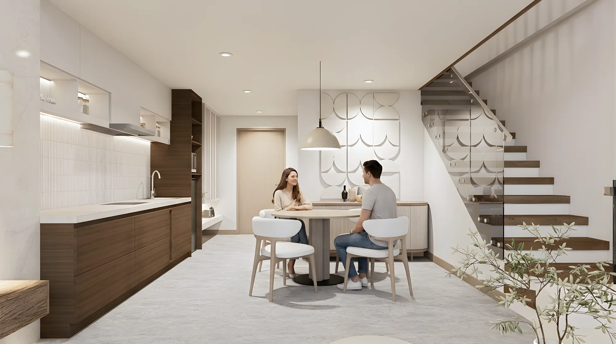Cocina y comedor de un dúplex de El Nido con la escalera al altillo (render)