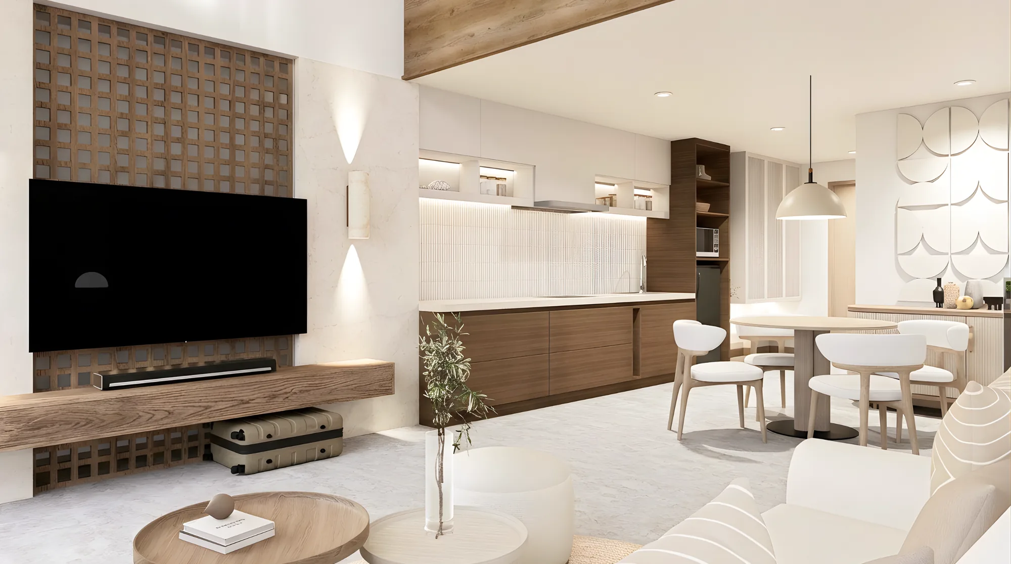 Salón de una unidad de El Nido con cocina abierta y comedor (render)