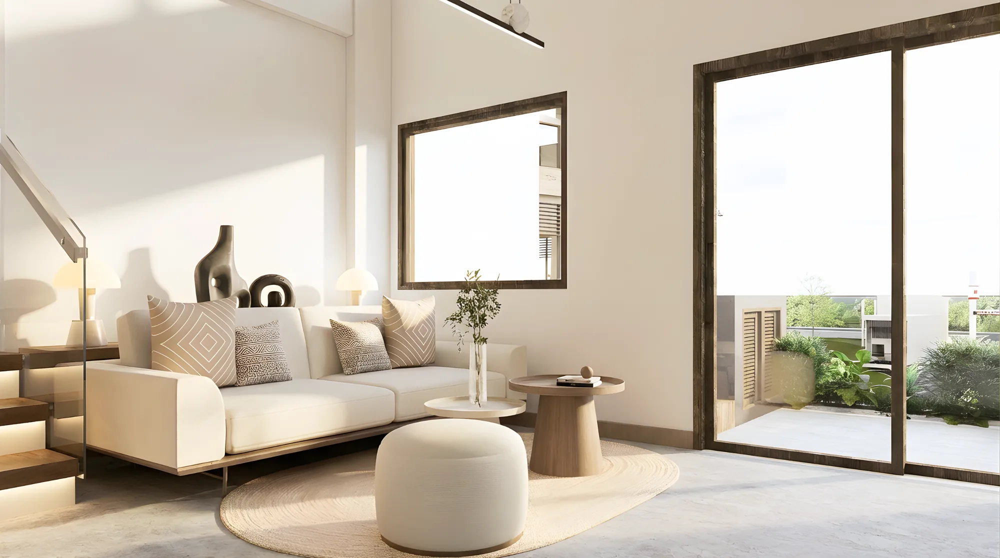 Salón de una unidad de El Nido con ventanal a la terraza (render)