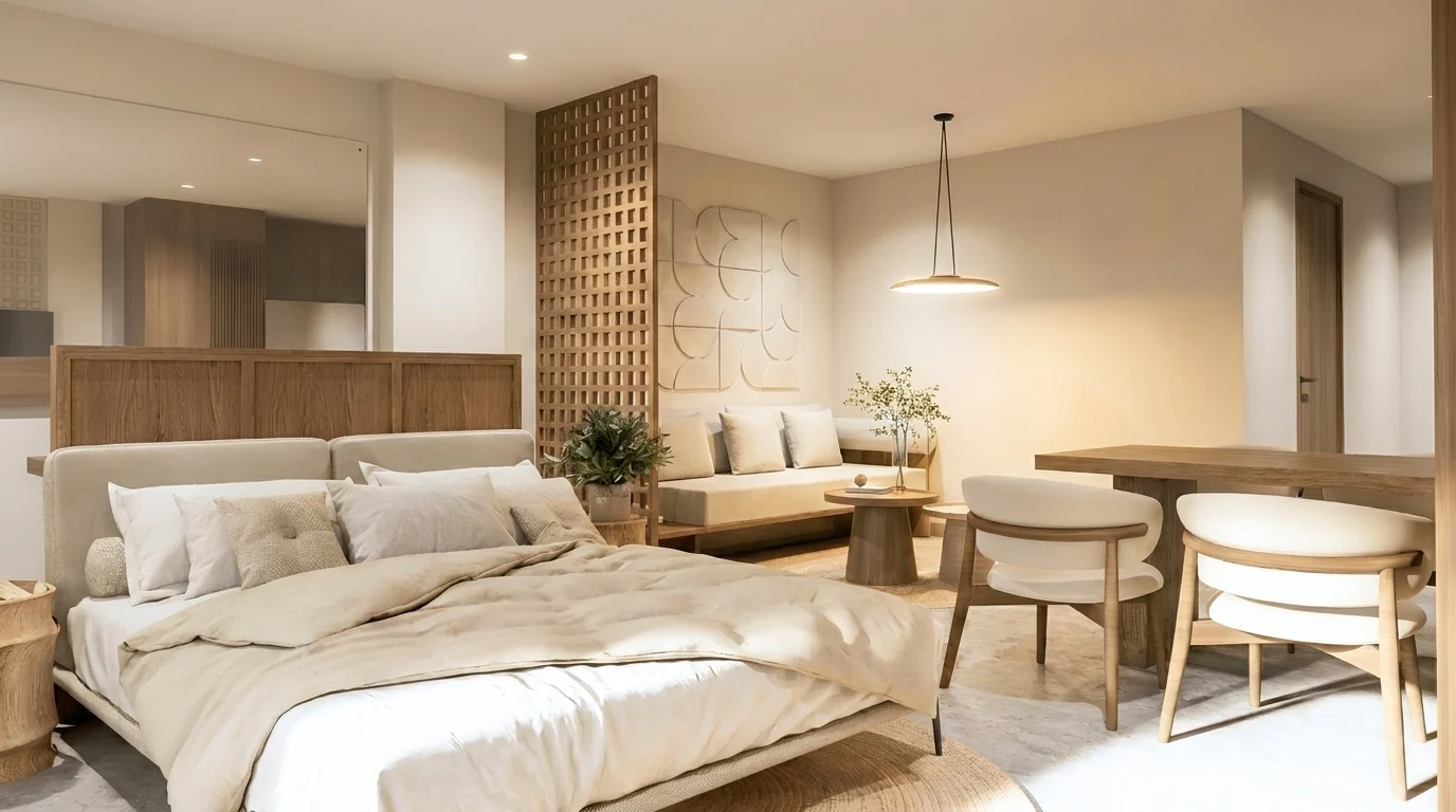 Interior of an El Nido loft with bed, lounge area and dining table in one space, Palawan (render)