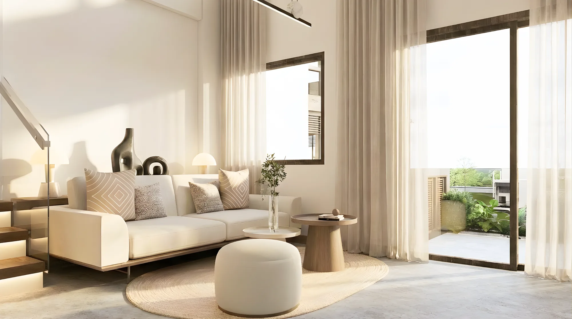Salón de un loft de El Nido en una sola planta, con sofá y ventanal (render)