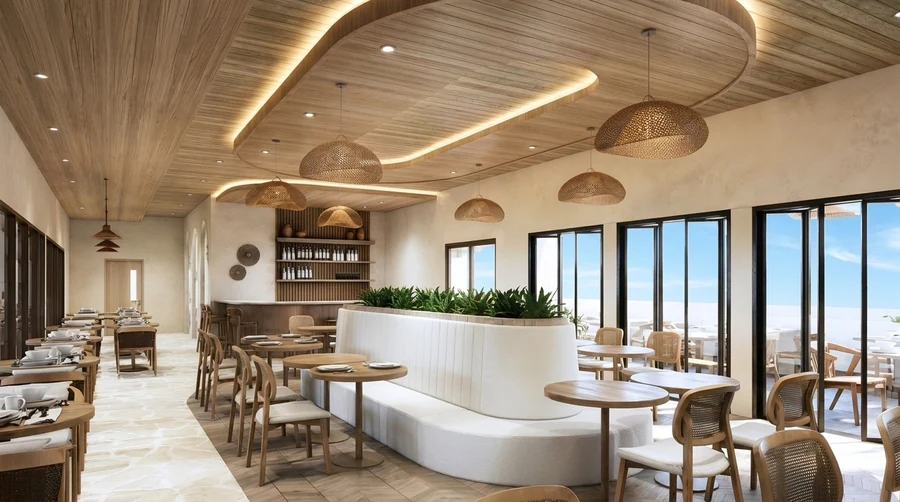 Interior del restaurante Wabi-Sabi de El Nido, con mesas puestas, lámparas de mimbre y ventanales al mar (render)