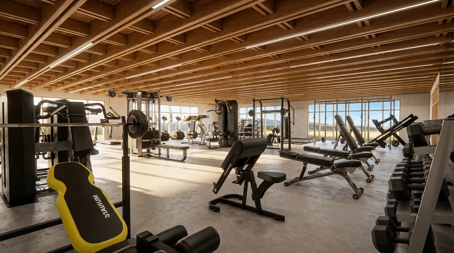 Interior del gimnasio con máquinas, pesas y techo de vigas de madera (render)