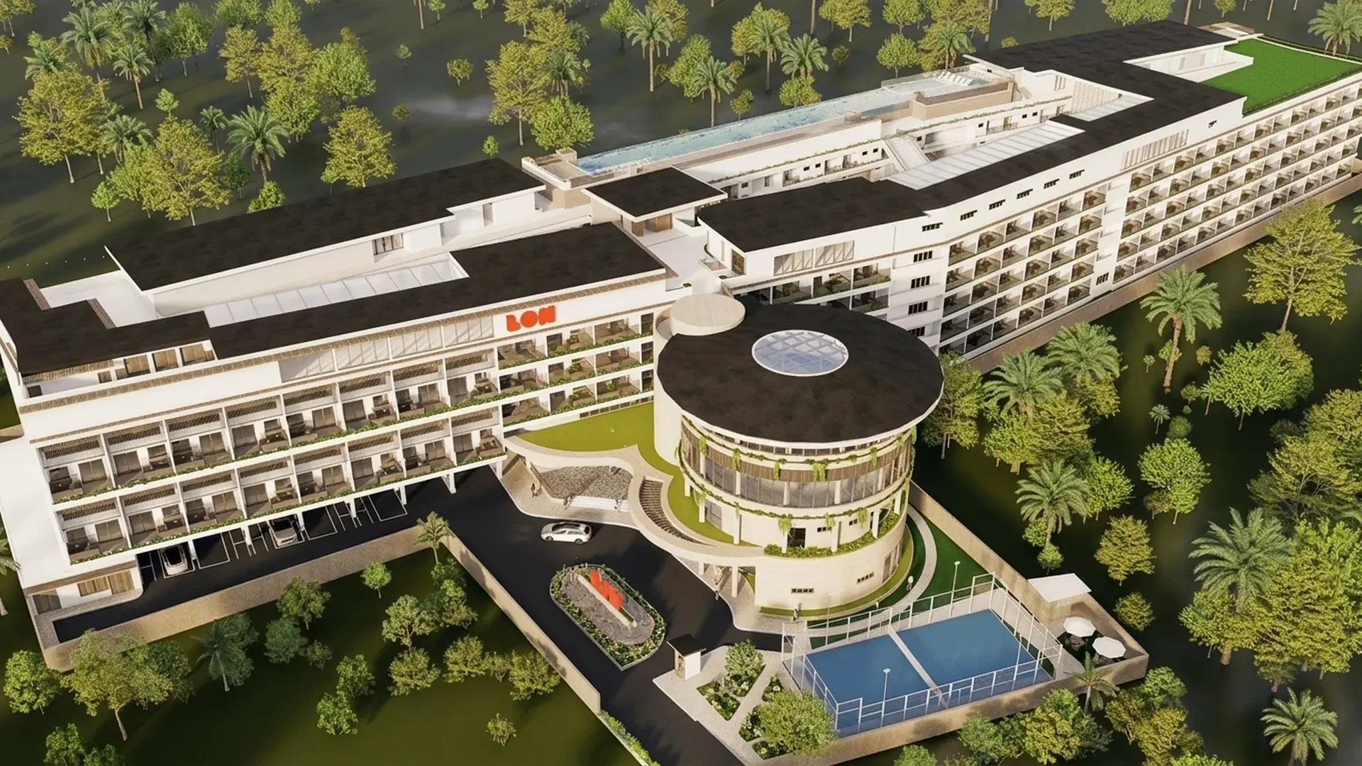 Aerial view of the El Nido eco-apartment building among palm trees, Palawan (render)