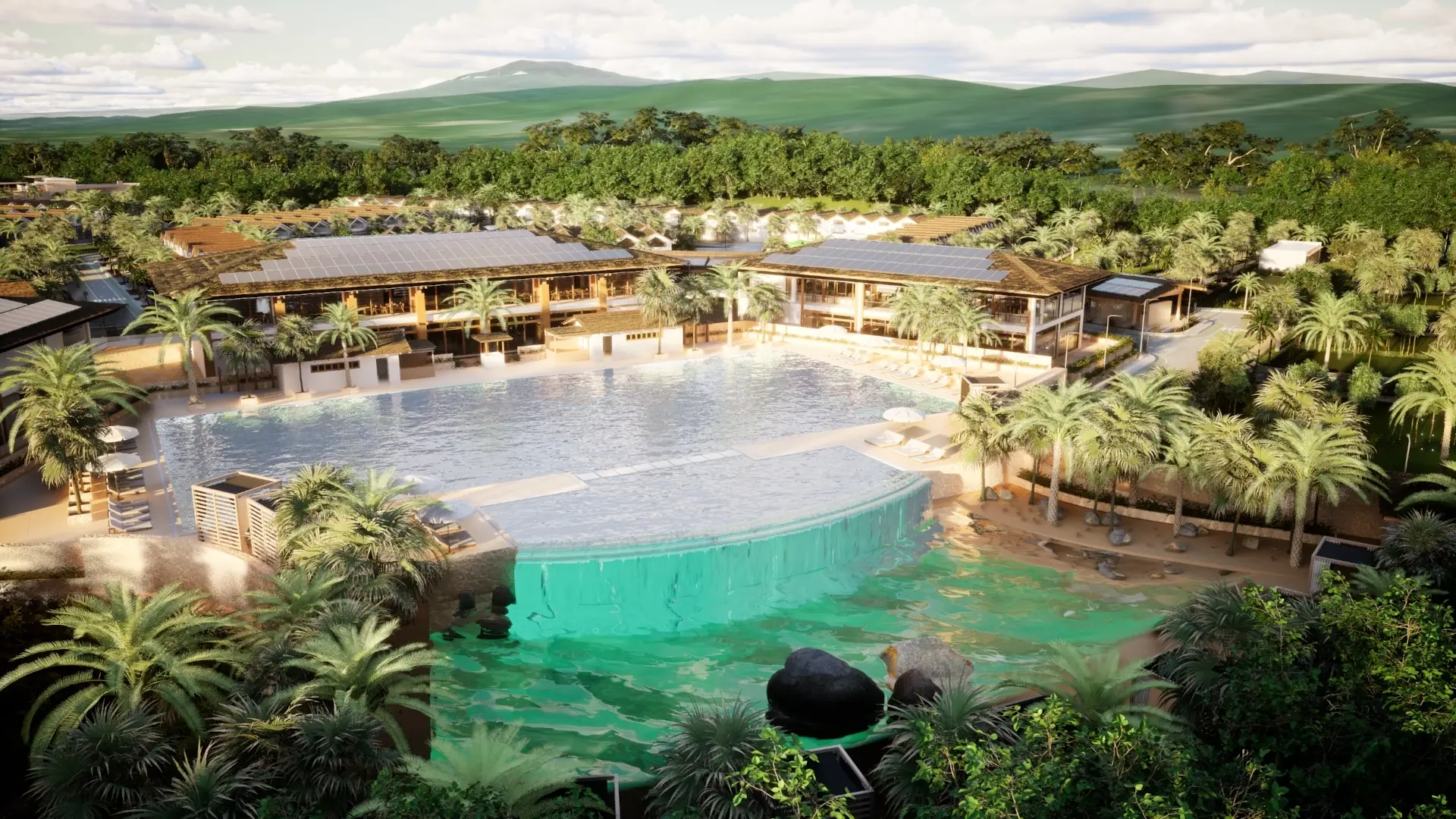 Aerial view of the Land of Nomads Pool Club with artificial beach, waterfall and villas in San Fernando, Camarines Sur, Philippines (render)