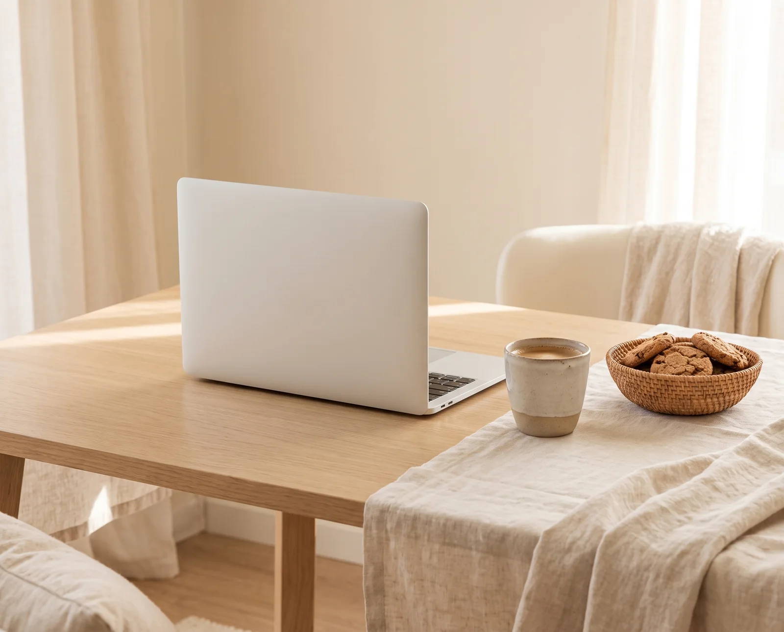 Espacio de trabajo cálido con portátil, café y galletas caseras