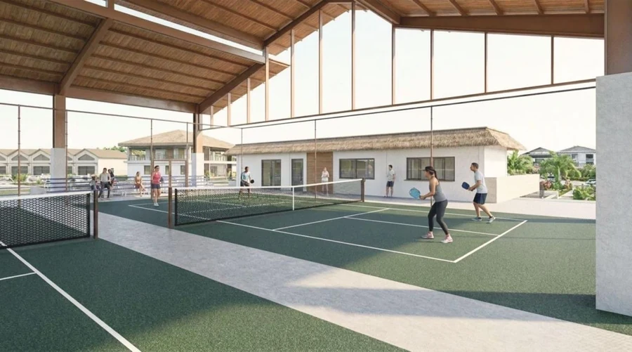 Covered padel and tennis courts with people playing under the timber roof