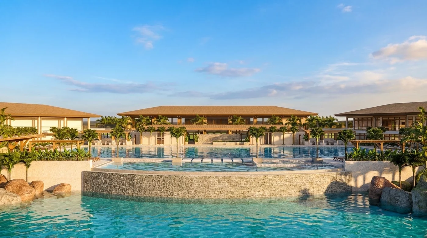 Pool Club de San Fernando con su playa artificial y las piscinas al atardecer (render)
