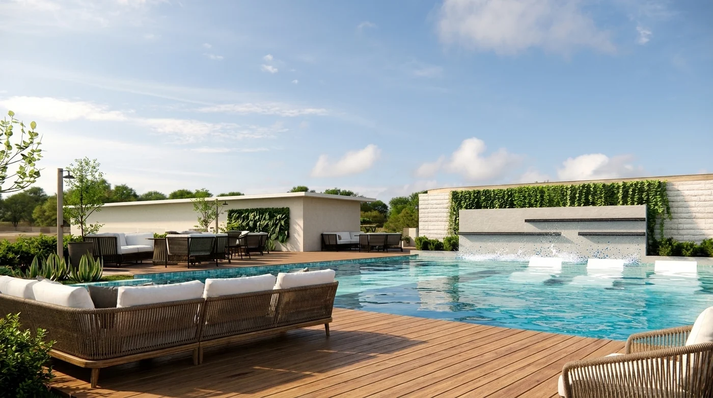 Pool Club terrace with waterfall, wooden deck and lounge sofas in San Fernando, Camarines Sur (render)