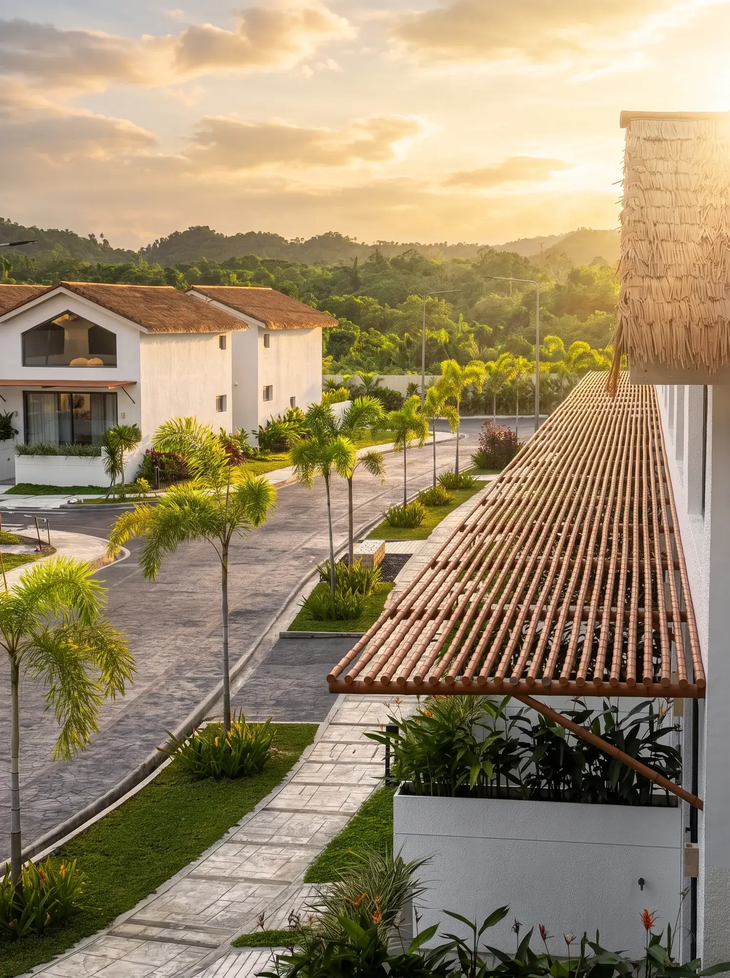 Villas eco vistas desde el paseo del complejo al atardecer