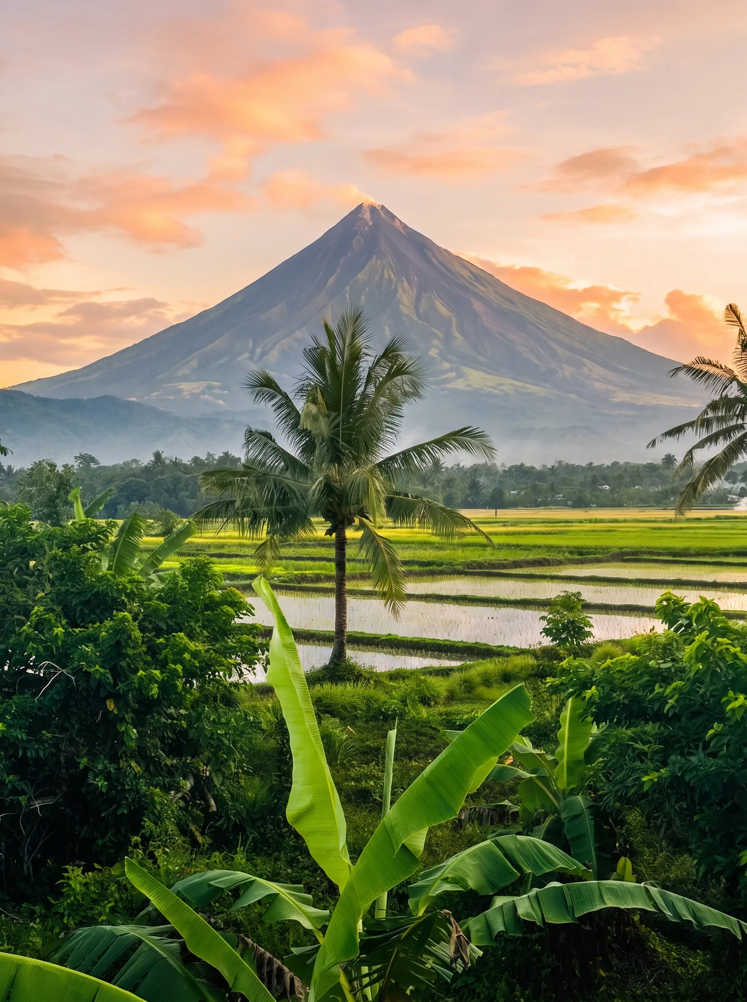 El volcán Mayon sobre los arrozales de la región de Bicol