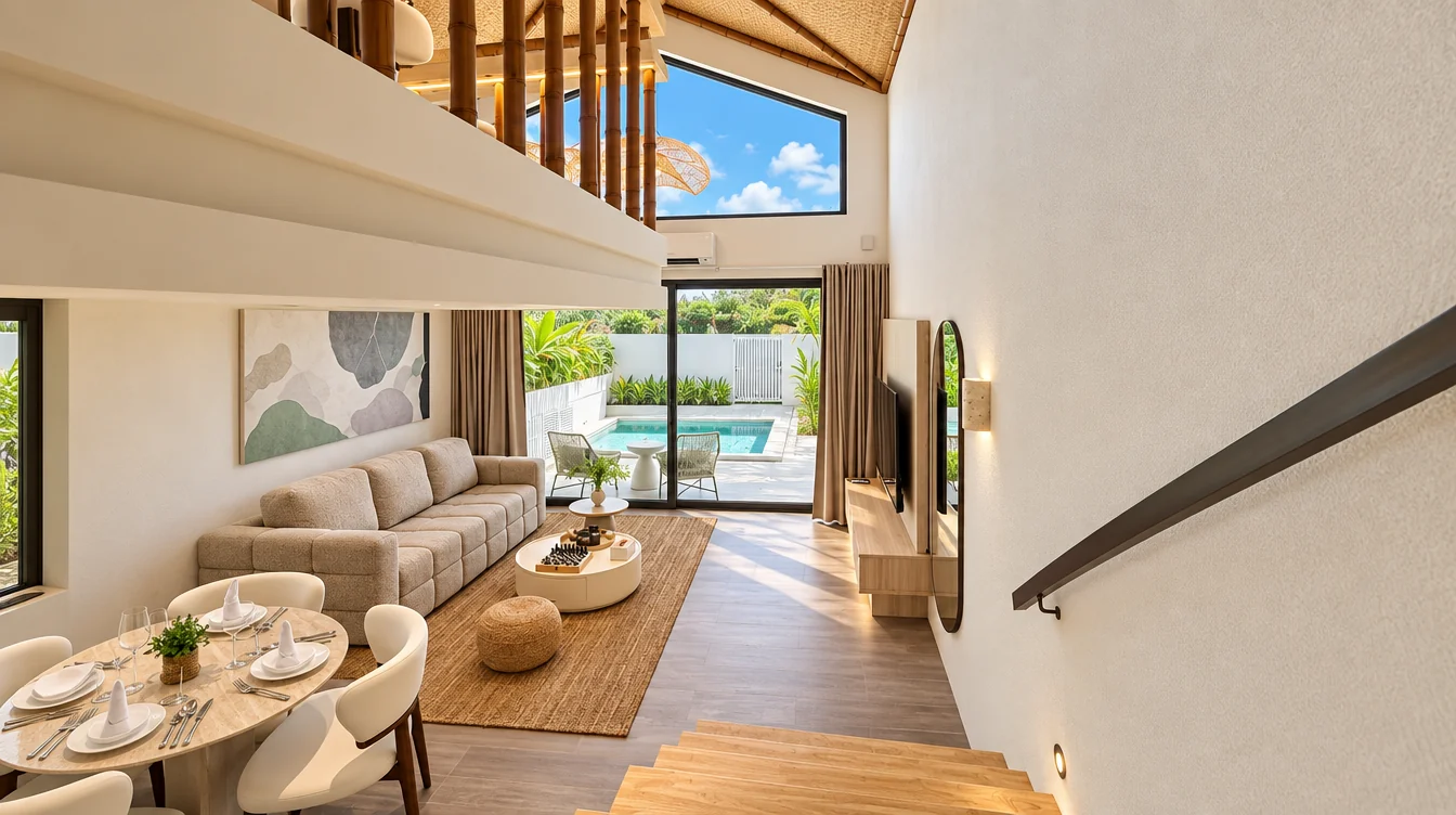 Living room of a completed Land of Nomads eco-villa in the Philippines