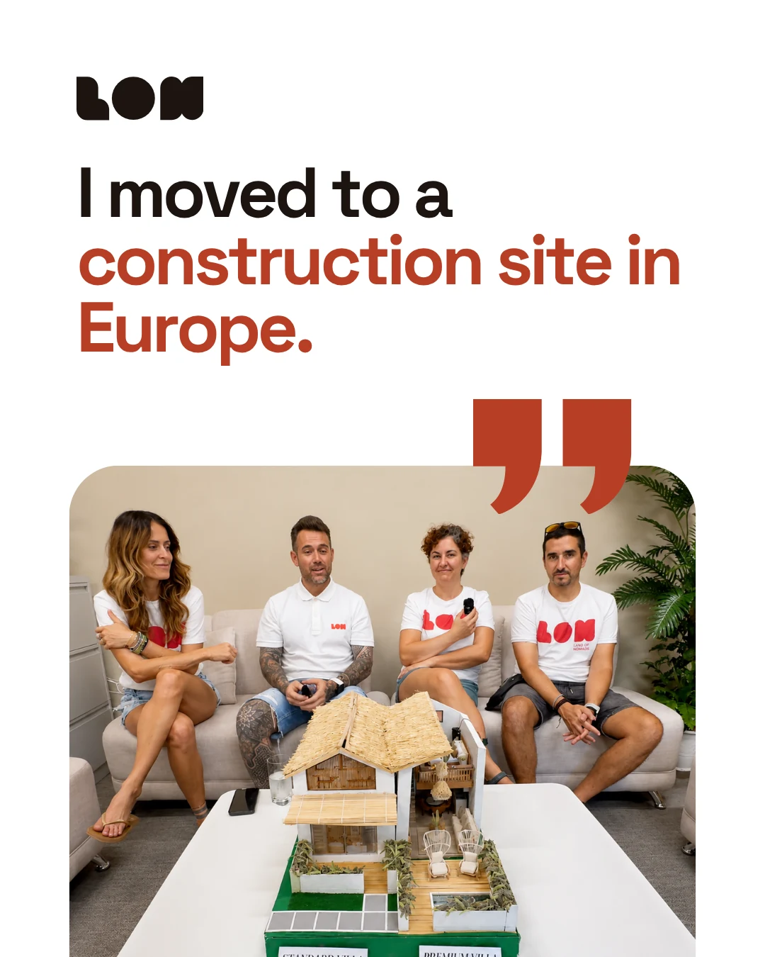 Almudena and Maider with the Land of Nomads team, seated around a scale model of the San Fernando villas