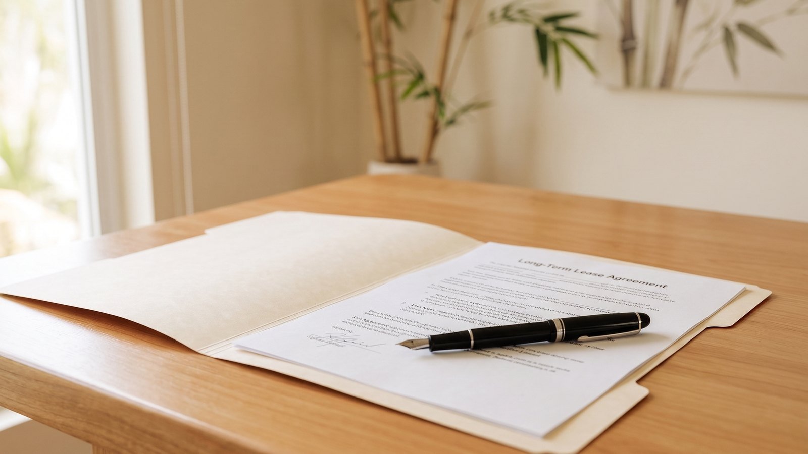 Contrato de arrendamiento abierto sobre un escritorio con una pluma estilográfica