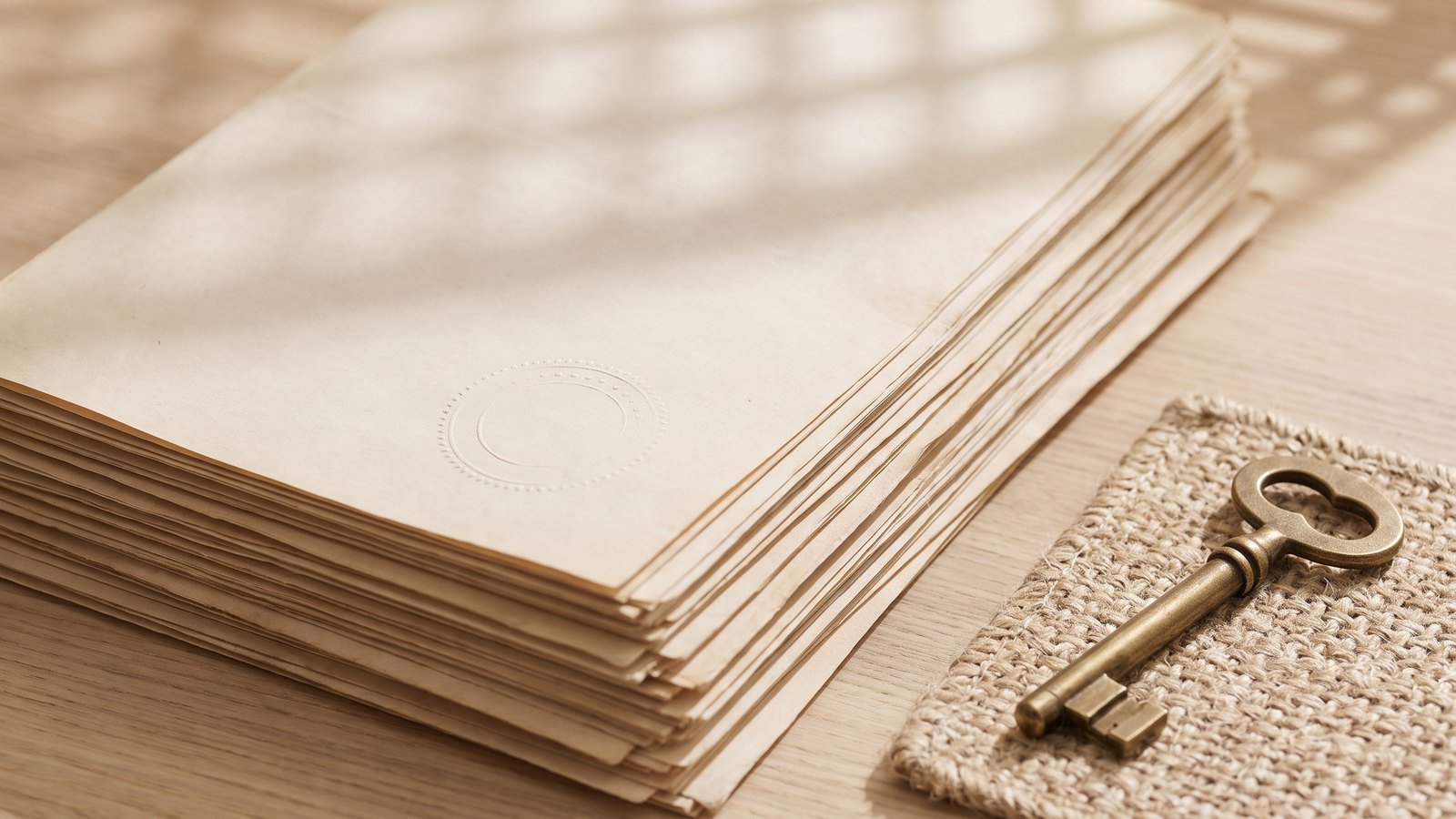 Stack of sealed documents beside an antique key on a wooden table