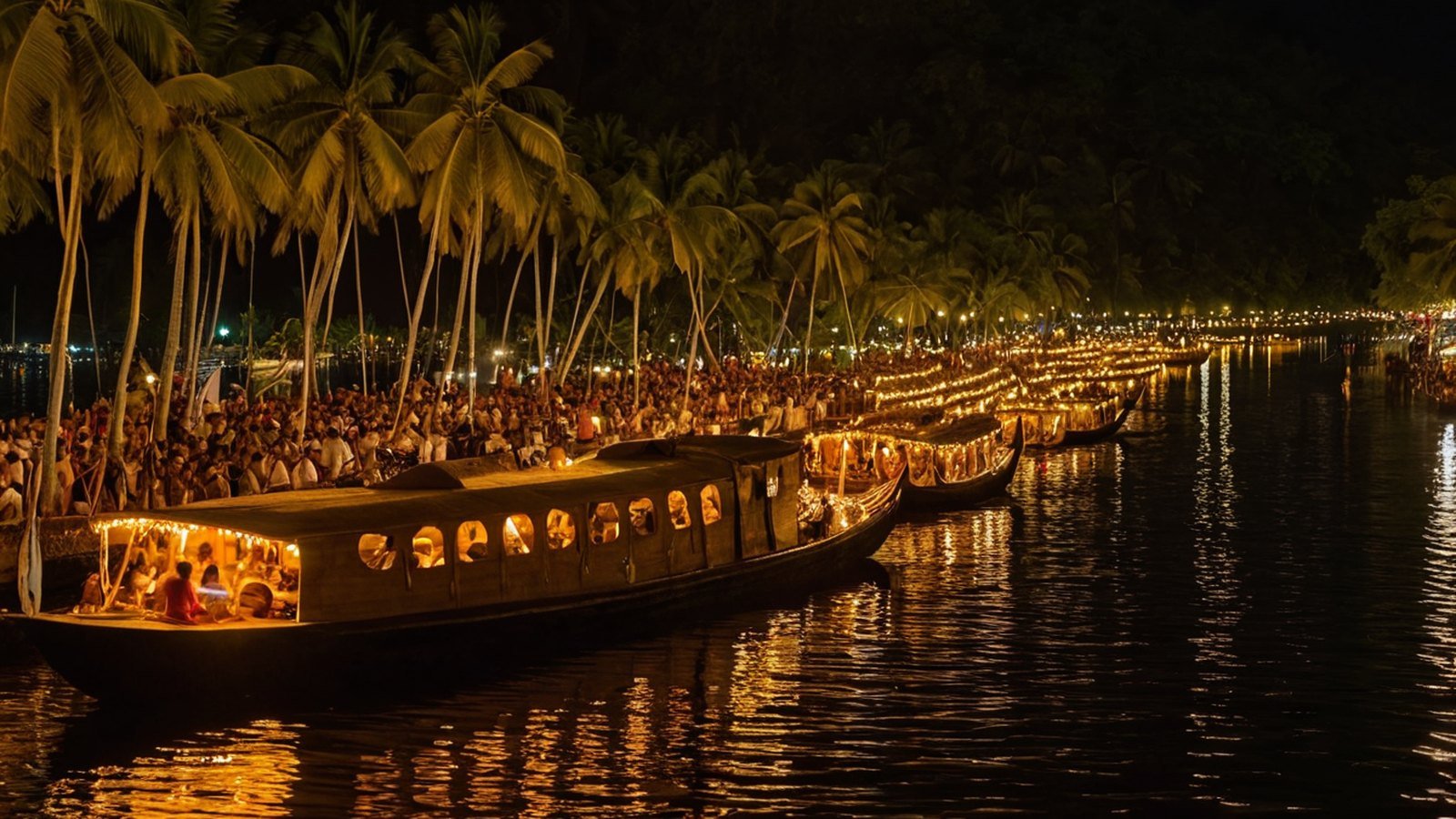 Barcaza iluminada bajando por el rio Naga de noche, rodeada de barcas pequenas, con gente a contraluz en las dos orillas
